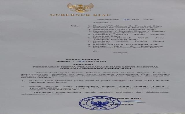 Gubernur Riau Batalkan Cuti Bersama 22 Mei, ASN Tetap Masuk Kerja 1